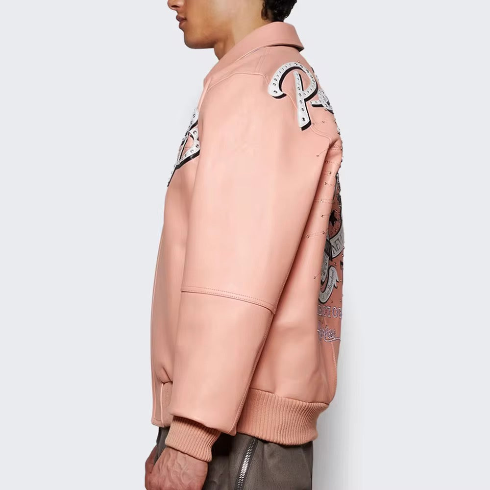 Men’s Hip Hop Pink leather  Bling jacket